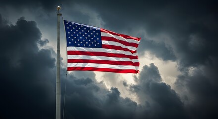 Veterans Day. National holiday of the USA. Soldier of USA. American flag billowing proudly against a dramatic, stormy sky.