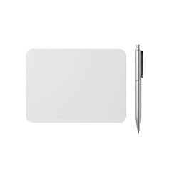 A blank white textured paper label, centered, with a sleek silver pen angled beside it on a transparent background, studio lighting, flat lay, concept of minimalist design and professionalism