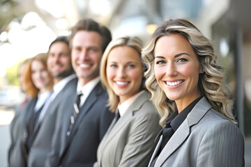 Fototapeta premium Group of business professionals posing outdoors during the day for a team photo in a modern urban setting