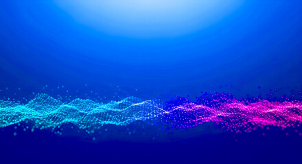 Abstract blue and pink digital wave particles flowing on dark blue background purple