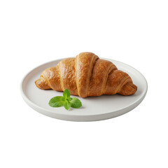 Golden-brown flaky croissant on a minimalist white plate with a fresh mint leaf, isolated on transparent background, top-down macro. Commercial food photography concept