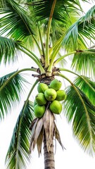 Fototapeta premium Mature coconut palm tree with green coconuts hanging from branches