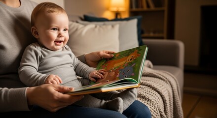 Little Baby Smiling While Parent Reads Colorful Story Book in Cozy Living Room at Night