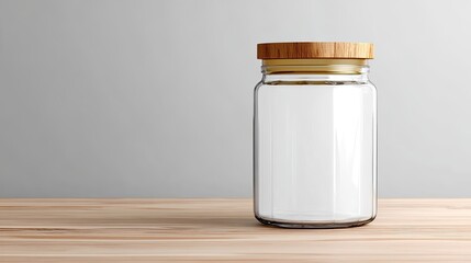 A clear glass jar with a wooden lid on a wooden table against a gray background.