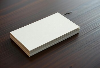 Fototapeta premium A thick, off-white cardstock with subtle linen texture sits on a dark wood desk, detail, clean