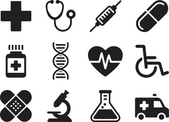 Essential medical icons for health and science concepts