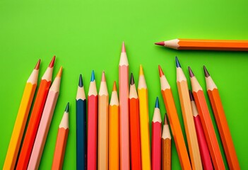 Fototapeta premium A collection of sharpened pencils arranged on a vibrant green background, objects, minimal