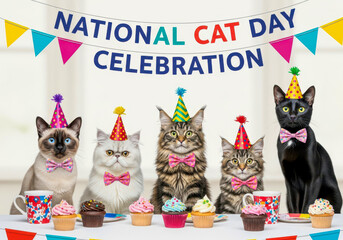 Cats wearing party hats and bow ties for national cat day