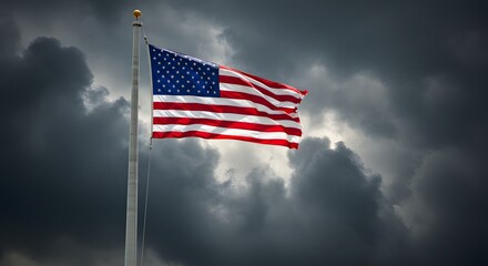 Veterans Day. National holiday of the USA. Soldier of USA. American flag billowing majestically against a dramatic, stormy sky.