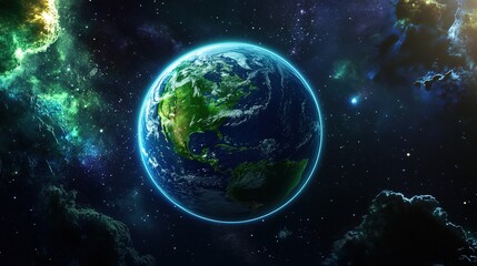 Obraz premium continent. Vibrant Earth globe floating in space, showcasing continents with atmospheric lighting. ESG reports, sustainability campaigns, designed for environmental awareness campaigns.
