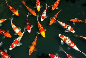 A vibrant school of koi fish swims gracefully in a serene pond,  relaxation,  reflection