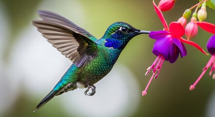 Obraz premium Hummingbird Feeding on Fuchsia Flower in Flight