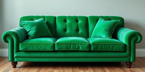 A plush, emerald green couch features three plump cushions,  green,  three