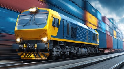Fototapeta premium A yellow and blue train traveling on tracks with colorful cargo containers.