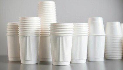 A stack of pristine white plastic cups ready for use, white cup, plastic cup