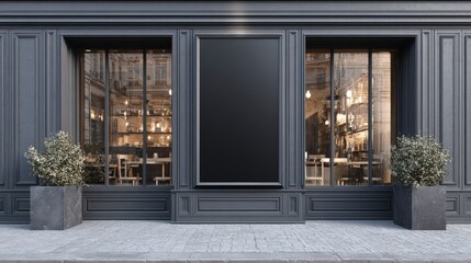 Elegant Storefront Facade with Blank Poster Frame, Refined Architecture, Ready for Custom Advertisement Display