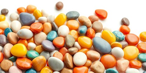 A vibrant collection of smooth, colorful pebbles isolated on a pure white background,  multicolored,  gems