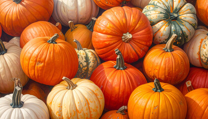 Colorful Pile of Pumpkins in Various Sizes and Shades, Autumn Harvest Decoration Perfect for Thanksgiving, Halloween, Seasonal Market, Rustic Farm Display, and Festive Fall Celebration