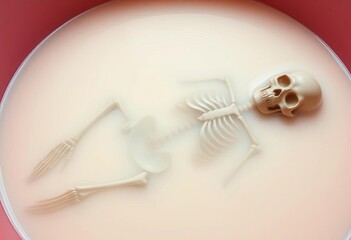 A skeletal figure submerged in a milky bath, bones visible through the opaque liquid,  ethereal,  bones