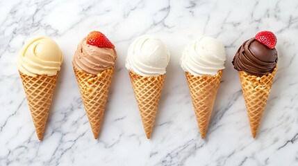vanilla. Colorful ice cream in a waffle cone, a tempting and delightful dessert display. menu design, packaging mockups, designed for food delivery and cloud-kitchen brand materials.