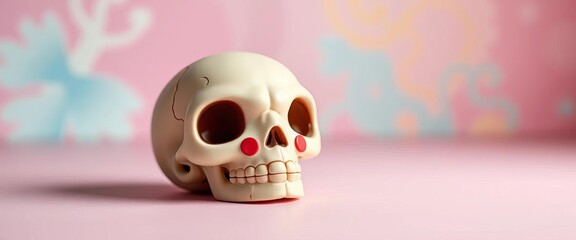 A tiny, cartoon skull with rosy cheeks on a pastel background,   childlike,  whimsical