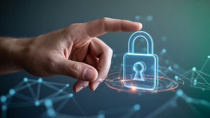 Hand holding a padlock on a blue background is a digital concept for social network security and internet privacy