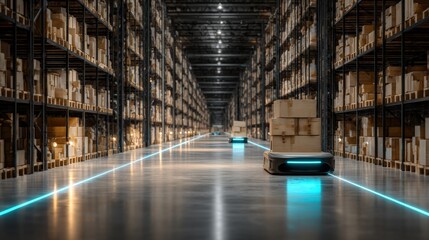 Automated Guided Vehicles Delivering Goods in a Modern Distribution Warehouse for E-commerce Businesses
