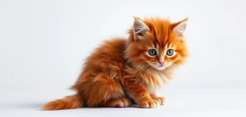 A fluffy red kitten sits against a pure white backdrop,  background,  purr