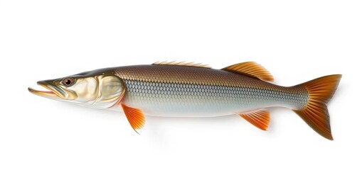 A solitary Northern pike, scales gleaming, isolated against a pure white backdrop, pike,  northern pike