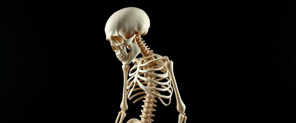 A chilling human skeleton against a stark black backdrop,  anatomy,  horror