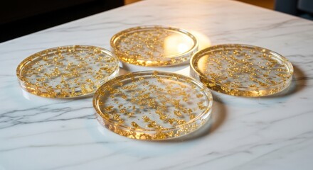 Luxury Resin Coasters with Gold Flakes on Marble Tabletop, Elegant Home Decor
