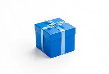 A small, square, blue gift box sits alone on a pure white background,  texture,   macro