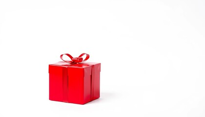 A vibrant red gift box, square shape, sits alone against a pure white backdrop,  package,  holiday gift