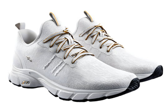 Modern white athletic running shoes with gold accents, perfect for workouts and active lifestyles