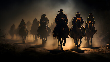 Horse riders traverse a serene landscape at sunset with vibrant clouds reflecting in water