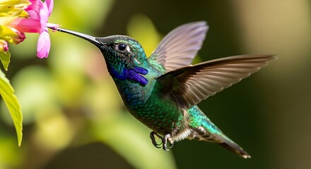 Fototapeta premium Emerald Hummingbird Feeding on Flower