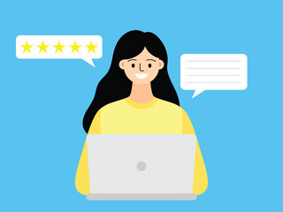 vector flat design illustration of a woman gave good reviews and gave a five star rating