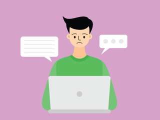 vector flat design illustration of a man doing assignments with a laptop