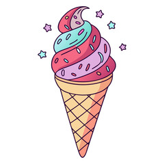 Rainbow Swirl Ice Cream Cone with Sprinkles Vector Illustration