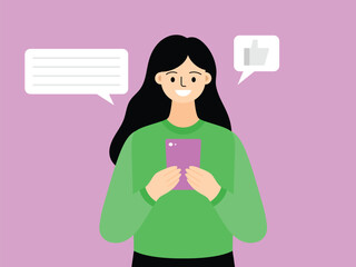 vector flat design illustration of a woman happily chatting with her smartphone