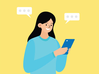 vector flat design illustration of a woman happily chatting with her smartphone