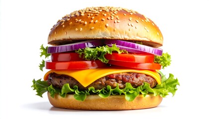 A delectable cheeseburger, layered with fresh toppings, is showcased against a plain white background.