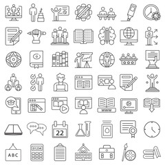 Fototapeta premium Education Line Icons Editable Stroke. Book, Audiobook, E-Reader, Studying, Tutorial, Personal Organizer, Diary, learning and research in education, school or college.