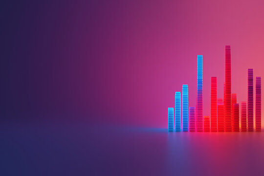 Abstract bar graph with blue and red columns on a purple background.