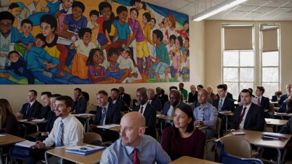 Multiethnic students attentively listening to their teacher in a modern classroom adorned with a vibrant and inclusive mural celebrating diversity - Powered by Adobe