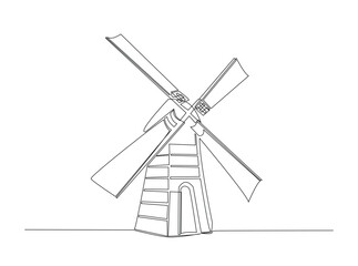 Windmill in single outline illustration. Continuous line art drawing of vintage windmill. Editable stroke.