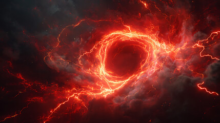 Dramatic swirling red and orange lightning storm in a dark, cloudy sky with intense energy