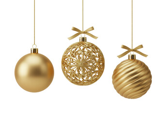 Three golden Christmas baubles, matte, openwork, ribbed textures, suspended on gold chains with a ribbon, high-key studio light, luxury holiday product concept