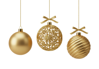 Three golden Christmas baubles, matte, openwork, ribbed textures, suspended on gold chains with a ribbon, high-key studio light, luxury holiday product concept