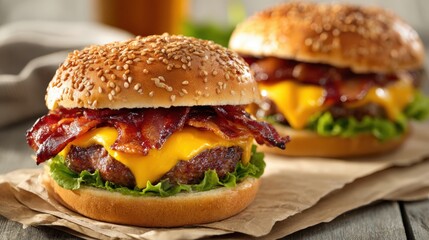 Delicious Gourmet Burgers with Crispy Bacon and Melted Cheese on Rustic Paper, Perfect for Commercial Use